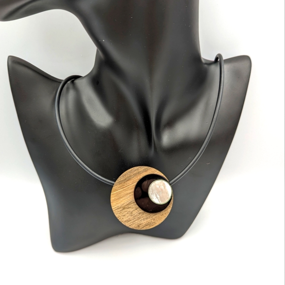 Modernist Artist made Wood Mother of pearl vinyl cord necklace, magnetic clasp